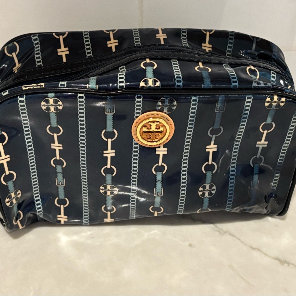 Tory Burch Navy and Gold Chain Print Pouch